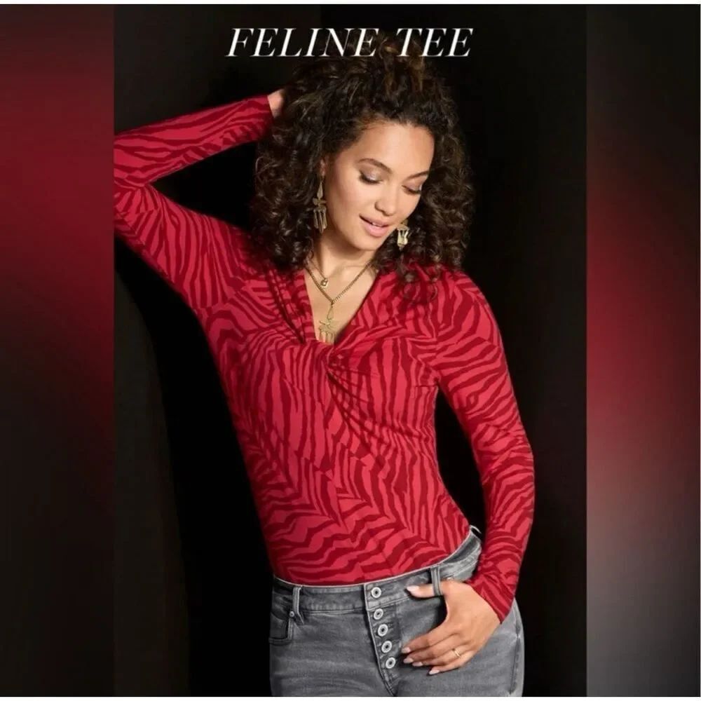 CAbi red striped Feline twist front knit S long sleeve top